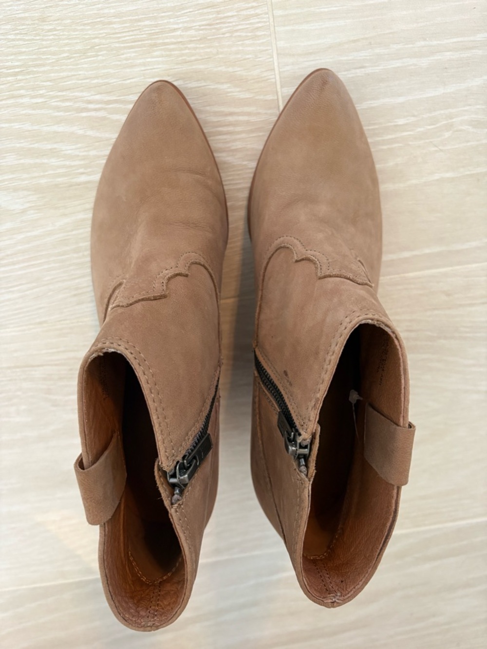 Women's Tan Suede Pointed Ankle Booties with Side Zipper Size 8.5